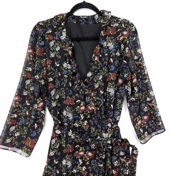 Madewell Ruffled Wrap Dress Size Medium Sheer-Sleeve in Finch Floral - Picture 6 of 16